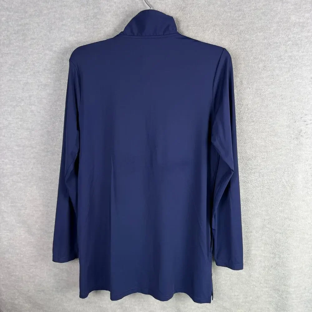 Lands End Women's MP 1/4 Zip Rash Guard Tunic Length Swim Top Navy Blue Pockets